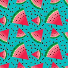 Fresh watermelon slice vector seamless pattern. Watermelon wedge background. Abstract texture  for wrapping, wallpaper, textile,  leaflet. Ripe fruit backdrop.