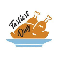 Happy Thanksgiving Day. Fried turkey on plate. Autumn holiday. Sticker, label isolated on white background.