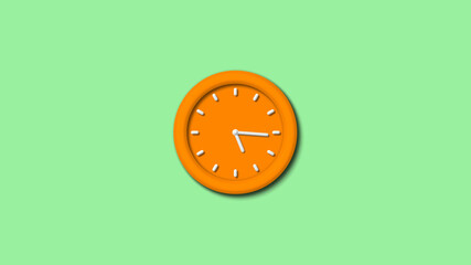 Amazing orange color 3d wall clock isolated on green light background,counting down clock isolated