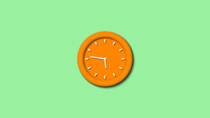 Amazing orange color 3d wall clock isolated on green light background,counting down clock isolated