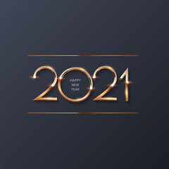 Happy new year 2021 background. Gold shining in light with sparkles abstract celebration. Greeting festive card vector illustration. Merry holiday modern poster or wallpaper design on grey background