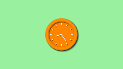 New orange color 3d wall clock isolated on green light background,12 hours clock isolated