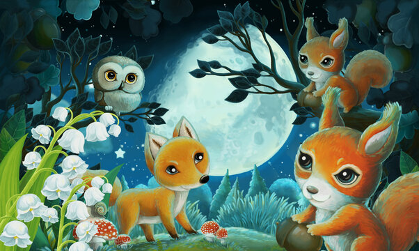 cartoon image with forest animals by night squirrel fox owl deer - illustration © honeyflavour