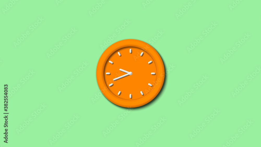 Wall mural new orange color 3d wall clock isolated on green light background,12 hours clock isolated