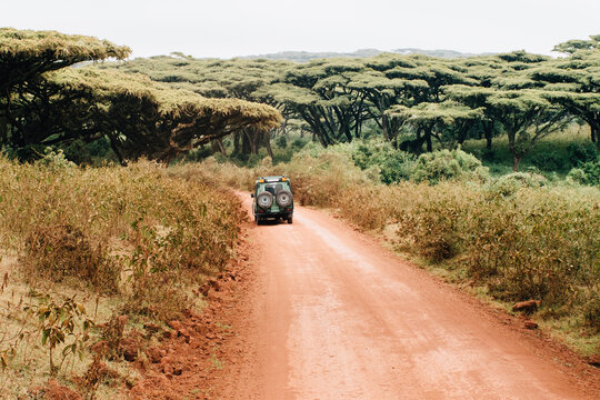 safari truck on dirt road in Tanzania