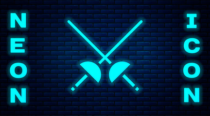 Glowing neon Fencing icon isolated on brick wall background. Sport equipment. Vector Illustration.