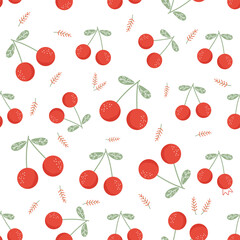 Cherry fruit seamless pattern with green leaves on white background vector illustration. Cute pattern print.
