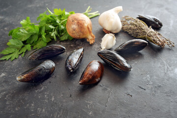 Ingredients for a seafood dish with mussels, onion, garlic, parsley and dried herbs on a grey slate, copy space, selected focus