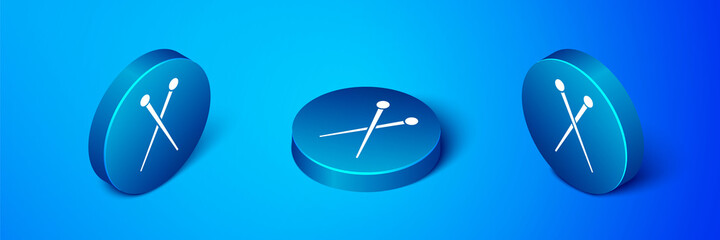 Isometric Knitting needles icon isolated on blue background. Label for hand made, knitting or tailor shop. Blue circle button. Vector Illustration.