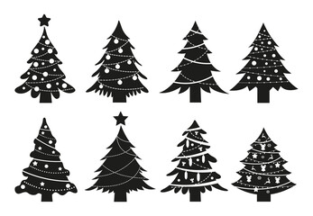 Christmas trees silhouette set isolated on white background. Black symbol winter trees collection with garlands for holiday xmas and new year. Vector illustration.