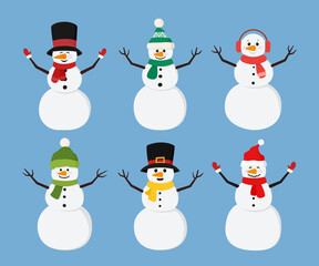 Set of christmas snowmans in scarf and hat flat style. Cute characters snowmans collection for holiday xmas and new year. Vector illustration.