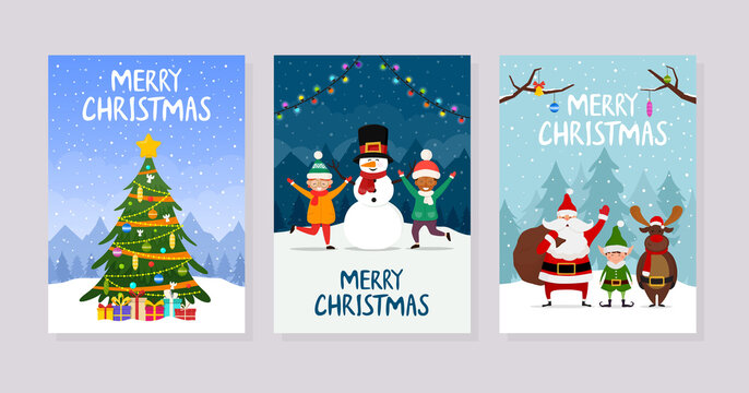 Christmas greeting cards or party invitations. Set of posters with christmas tree, santa claus and kids. Vector illustration for holiday xmas and new year.