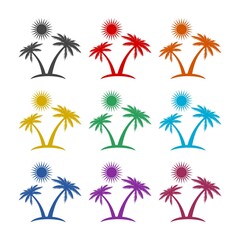 Palm island, sun icon, color set