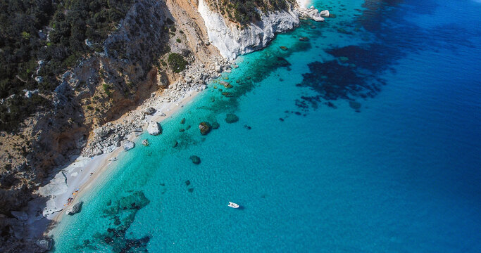 Aerial view of a boat in the mediterranean sea, Sardinia