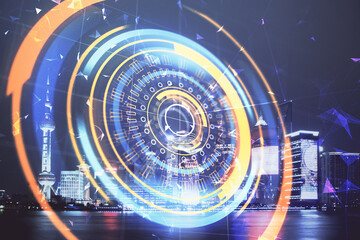 Double exposure of technology theme hologram and cityscape background. Concept of Hightech.