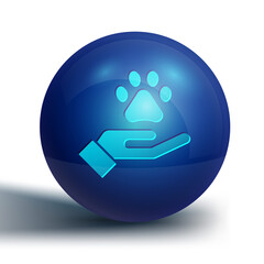 Blue Hands with animals footprint icon isolated on white background. Pet paw in heart. Love to the animals. Blue circle button. Vector.