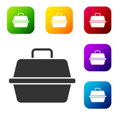 Black Pet carry case icon isolated on white background. Carrier for animals, dog and cat. Container for animals. Animal transport box. Set icons in color square buttons. Vector.