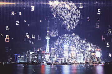 Double exposure of technology theme hologram and cityscape background. Concept of Hightech.