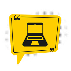Obraz premium Black Laptop icon isolated on white background. Computer notebook with empty screen sign. Yellow speech bubble symbol. Vector.