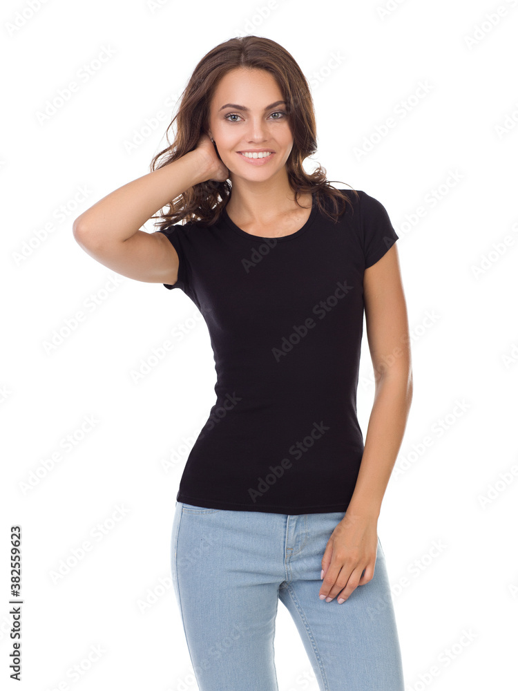 Wall mural Beautiful girl in a black t-shirt. Black t-shirt template