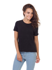 Fototapeta premium Beautiful girl in a black t-shirt. Black t-shirt template