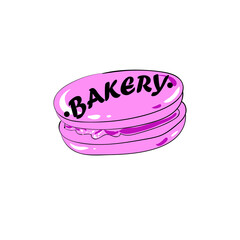 Lettering bakery logo with pink macaroon. Use for banners, business cards, websites, advertisements, menus, posters.