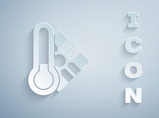 Paper cut Meteorology thermometer measuring icon isolated on grey background. Thermometer equipment showing hot or cold weather. Paper art style. Vector.