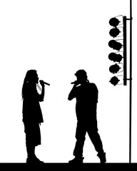 Naklejka premium Young man with a microphone reads a rap. Stylized image on theme of hip hop