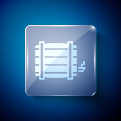 White Wooden barrel icon isolated on blue background. Alcohol barrel, drink container, wooden keg for beer, whiskey, wine. Square glass panels. Vector.
