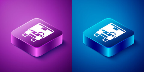 Isometric Bus icon isolated on blue and purple background. Transportation concept. Bus tour transport sign. Tourism or public vehicle symbol. Square button. Vector.
