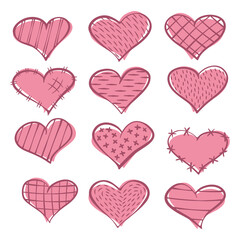 Fototapeta na wymiar Set of pink hearts. Cute doodle style hearts. Valentine's Day background. Different shape of hearts and silhouettes. 