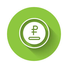 White Rouble, ruble currency coin icon isolated with long shadow. Russian symbol. Green circle button. Vector.