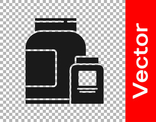 Black Sports nutrition bodybuilding proteine power drink and food icon isolated on transparent background. Vector.