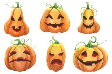 Watercolor pumpkin for halloween, clipart on a white background
