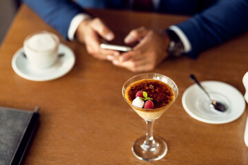Fototapeta na wymiar Served lemon tart with raspberry sorbet in martini glass in a cafe.