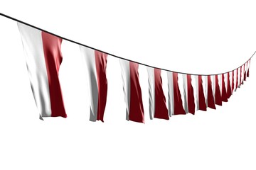 nice memorial day flag 3d illustration. - many Monaco flags or banners hangs diagonal with perspective view on string isolated on white