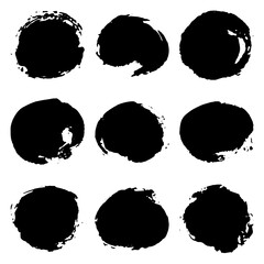 Collection of black grunge paint circles, stains. Brush strokes isolated on white background. Vector illustration.
