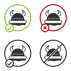 Black Viking in horned helmet icon isolated on white background. Circle button. Vector.