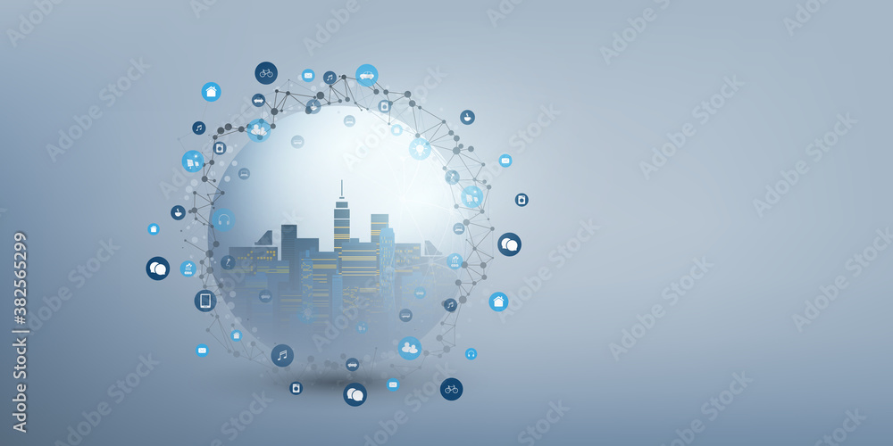 Poster futuristic smart city, iot and cloud computing design concept with polygonal mesh, cluster and nodes