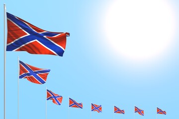 nice national holiday flag 3d illustration. - many Novorossia flags placed diagonal on blue sky with space for your text