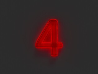 Red shiny neon light glow glassy alphabet - number 4 isolated on grey, 3D illustration of symbols