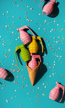 Ice cream made of colorful grenades with sprinkles in many colors on blue balckground