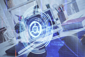 Multi exposure of desktop with personal computer and tech theme drawing. Concept of Bigdata.