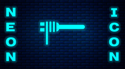 Glowing neon Pasta spaghetti on the fork icon isolated on brick wall background. Italian restaurant. Vector.