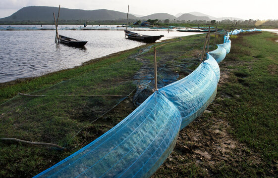 Chilika lake view with fishing net and boats
