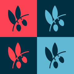 Pop art Olives branch icon isolated on color background. Vector.
