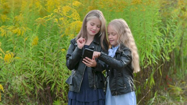 Portrait of Cute Little Girls make selfie photo on smartphone in a beautiful flowering field. Happy little kids using smartphone playing mobile game, browsing social media.