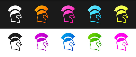 Set Greek helmet icon isolated on black and white background. Antiques helmet for head protection soldiers with a crest of feathers or horsehair. Vector.