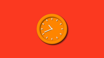 New orange color 3d wall clock isolated on red background,12 hours 3d wall clock isolated,wall clock