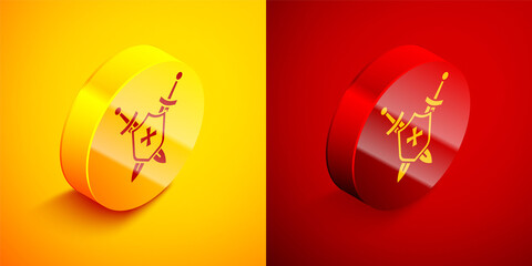 Isometric Medieval shield with crossed swords icon isolated on orange and red background. Circle button. Vector.